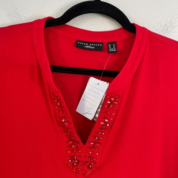 Susan Graver Artisan Womens Large Red Beaded V Neck Tunic Top Stretch Shirt - Picture 7 of 11